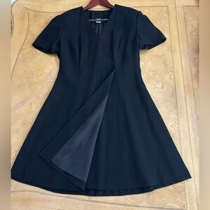 Vintage Short Sleeve V-neck Wrap Black Midi Dress, Made in Hong Kong, Size 8